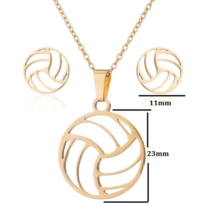 volleyball- pendant- necklace- and- hoop- earring- set- in- silver- and- gold- rose- stainless- steel- water- resistant- tarnish- free- sporty- chic- jewelry-MEASUREMENTS
