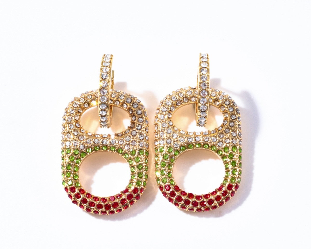 Mistletoe Magic Ombre Rhinestone Pop Tab Drop Earrings – 18K gold plated with red, clear, and green rhinestones, festive chic jewelry