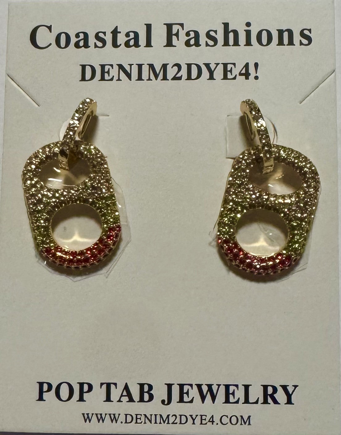 Mistletoe Magic Ombre Rhinestone Pop Tab Drop Earrings – 18K gold plated with red, clear, and green rhinestones, festive chic jewelry packaging