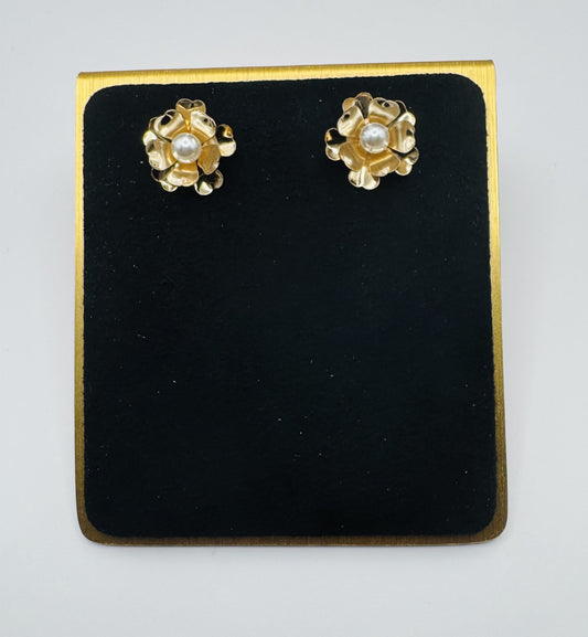Flower Post Earrings Gold Coated with Faux Pearl