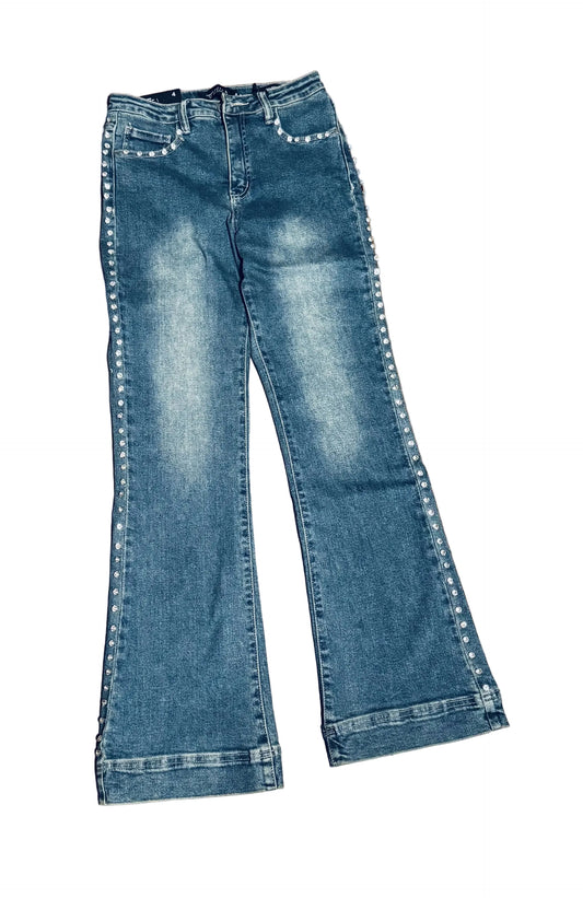 High Rise Mid Wash Rhinestone Studded Denim Trousers