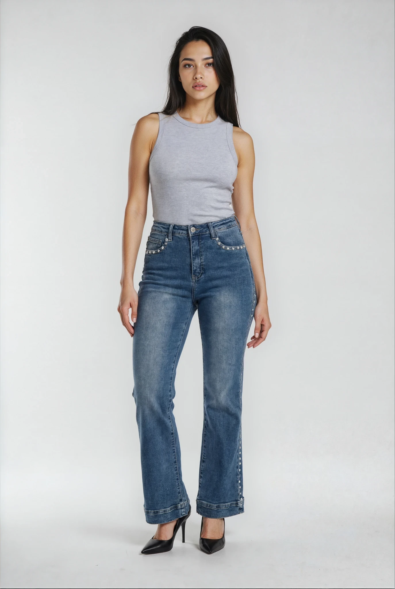 High Rise Mid Wash Rhinestone Studded Denim Trousers