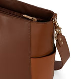 Wrangler Mocha Colorblock Crossbody Tote front view in coffee brown PU leather Side View Hardware
