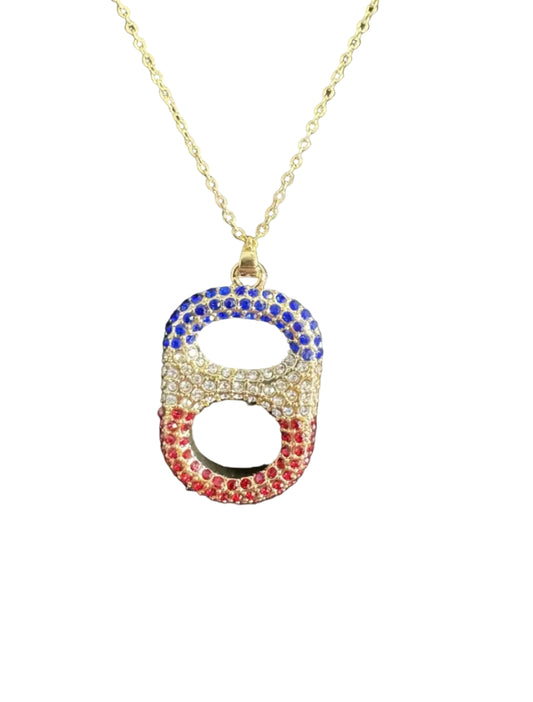 Close up liberty ombré pop tab pendant necklace gold and silver tone detail