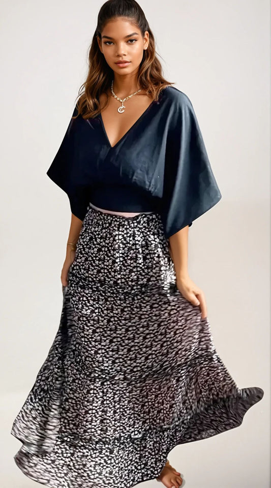 Blossom Drift Tiered Maxi Skirt Black, Mauve, PInk and White Floral