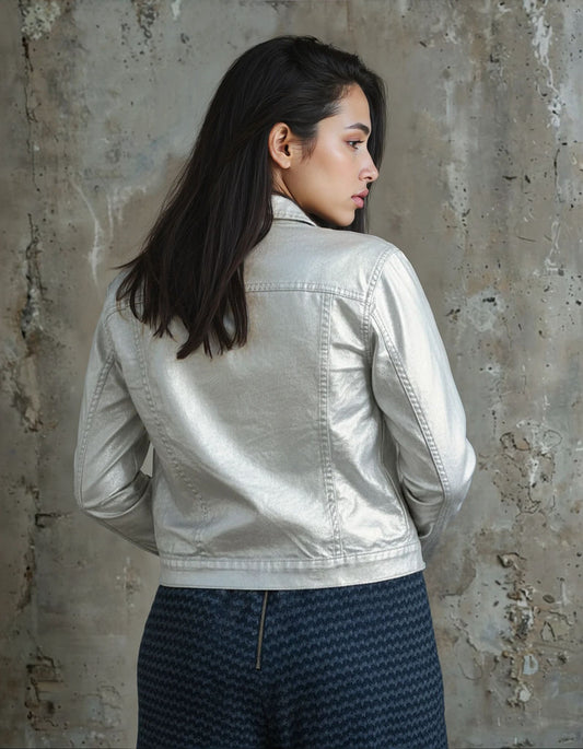 The Jackie Metallic Silver Coated Button Up Jacket by ITOO