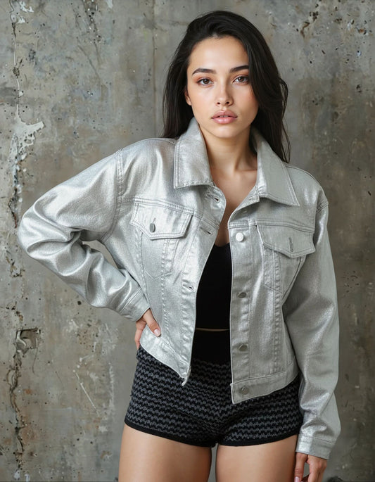 The Jackie Metallic Silver Coated Button Up Jacket by ITOO