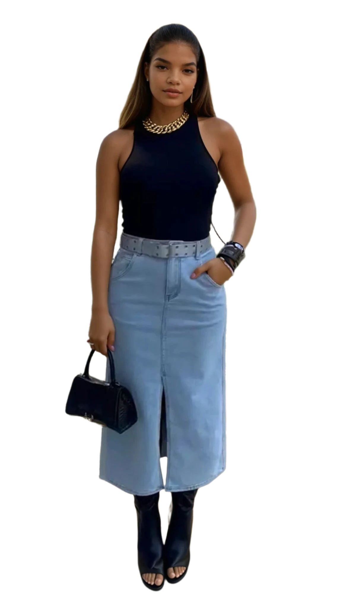 Denim Maxi Skirt with Front Slit by ITOO