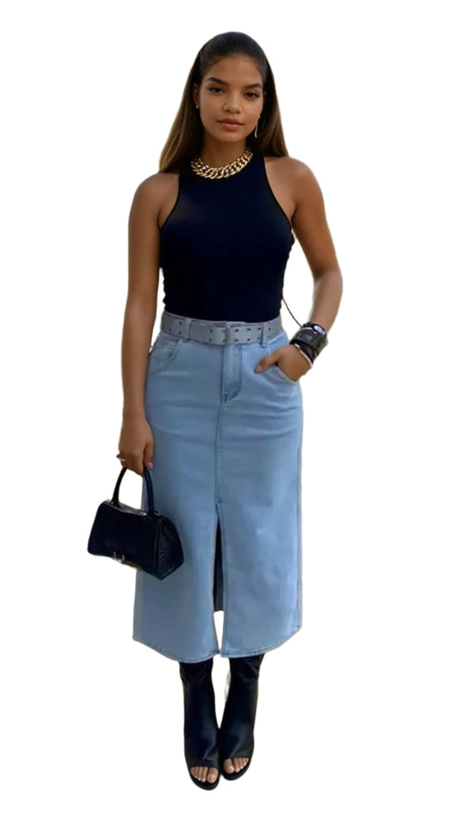 Denim Maxi Skirt with Front Slit by ITOO