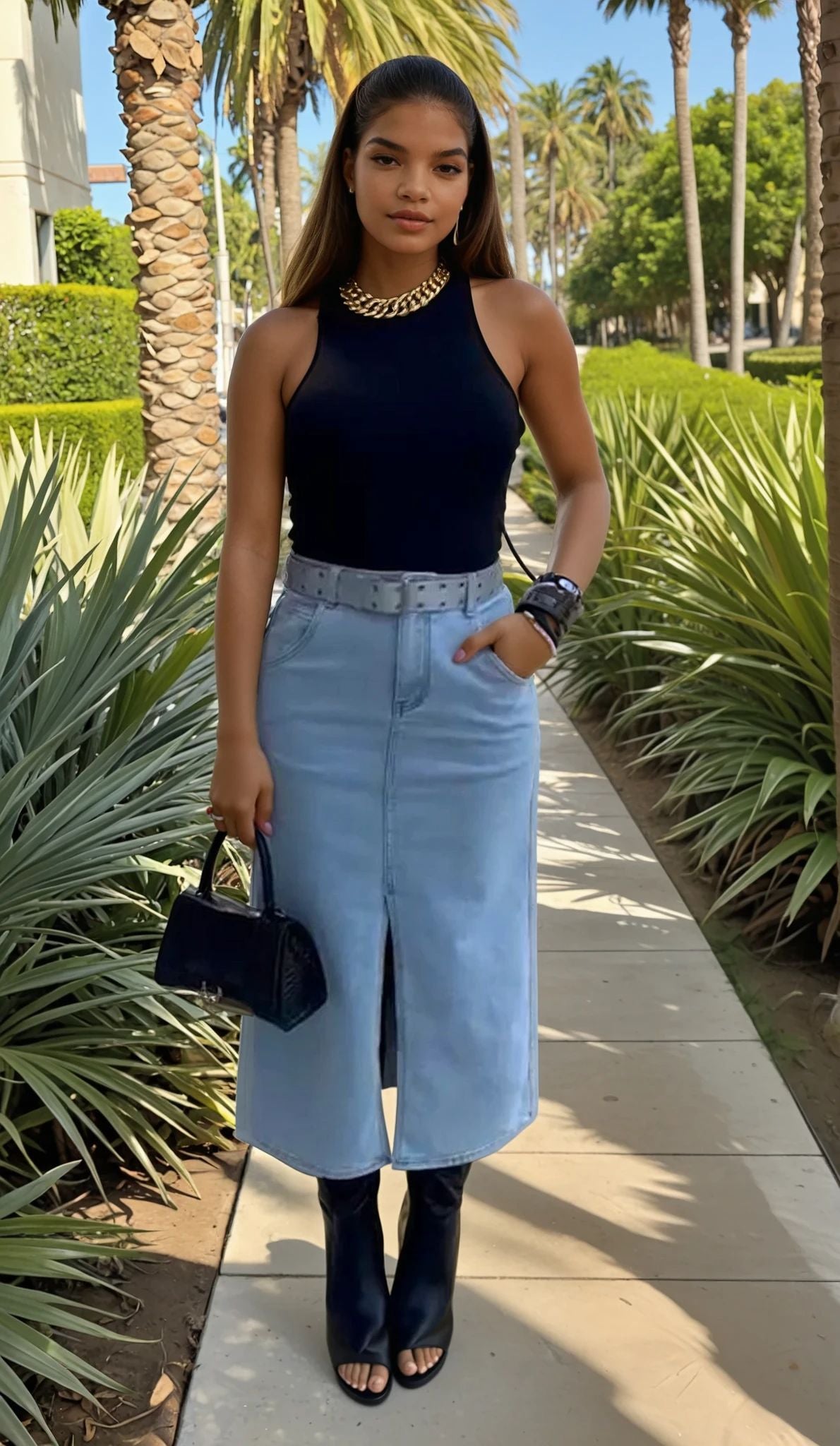 Denim Maxi Skirt with Front Slit by ITOO
