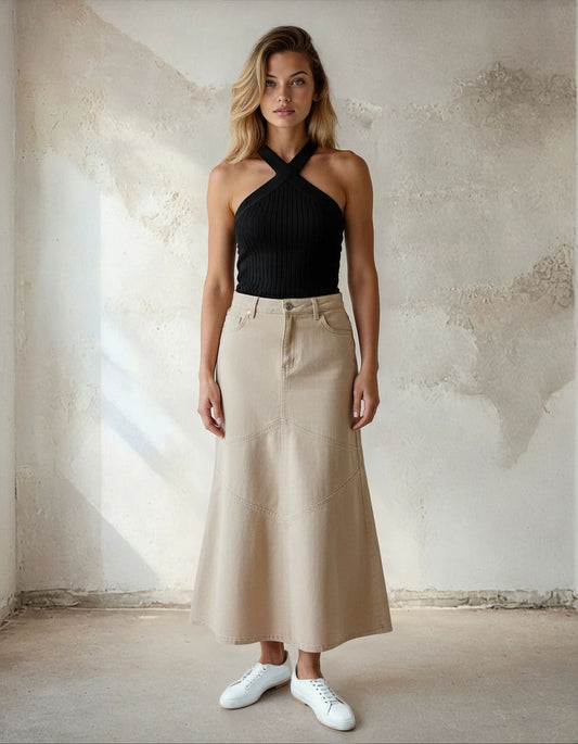 Mermaid Cream Denim Maxi Skirt Beige