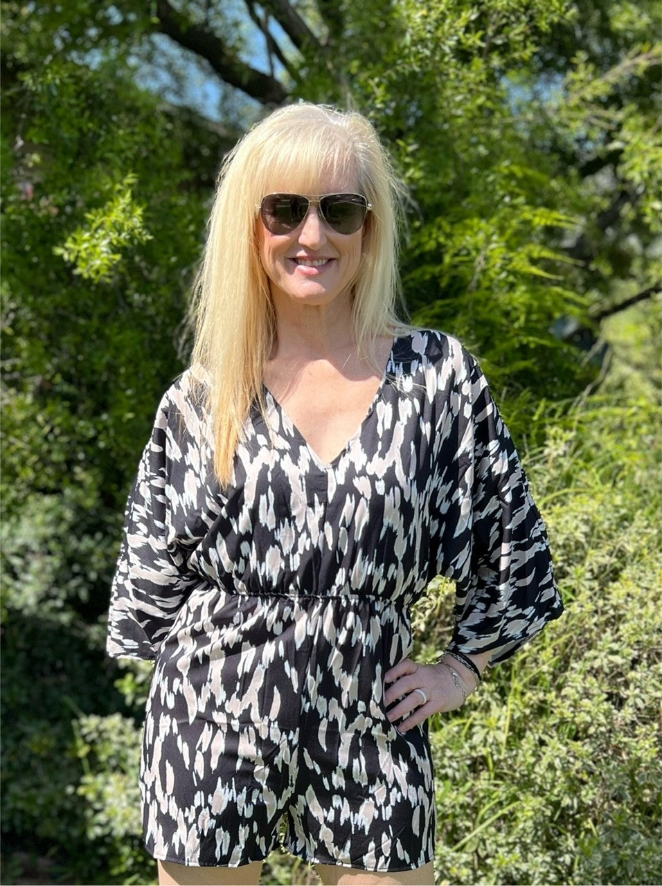 Niko V Neck Abstract Print Romper with Back Tie & Elastic Waist Wide Long Sleeve (Kimono Style)