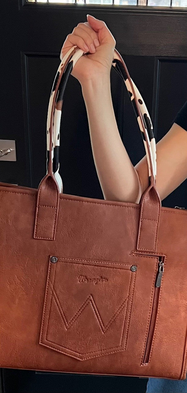 Wrangler Cow Print Large Tote, Brown and White, Braided, Concealed Carry