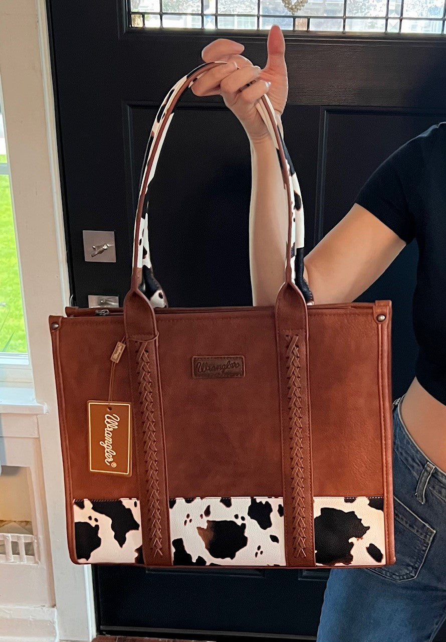 Wrangler Cow Print Large Tote, Brown and White, Braided, Concealed Carry