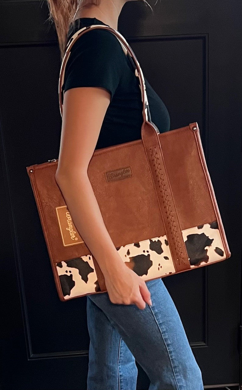 Wrangler Cow Print Large Tote, Brown and White, Braided, Concealed Carry