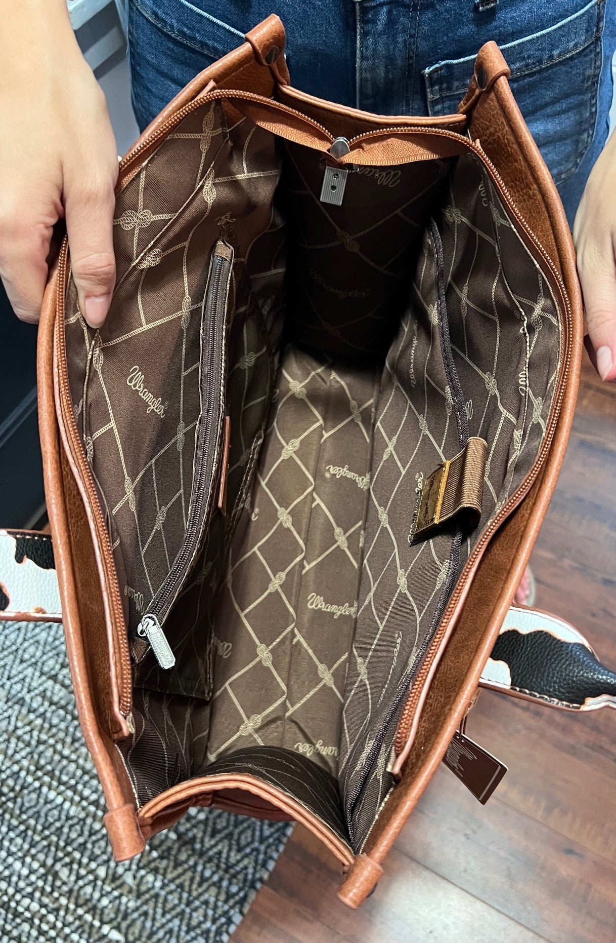 Wrangler Cow Print Large Tote, Brown and White, Braided, Concealed Carry