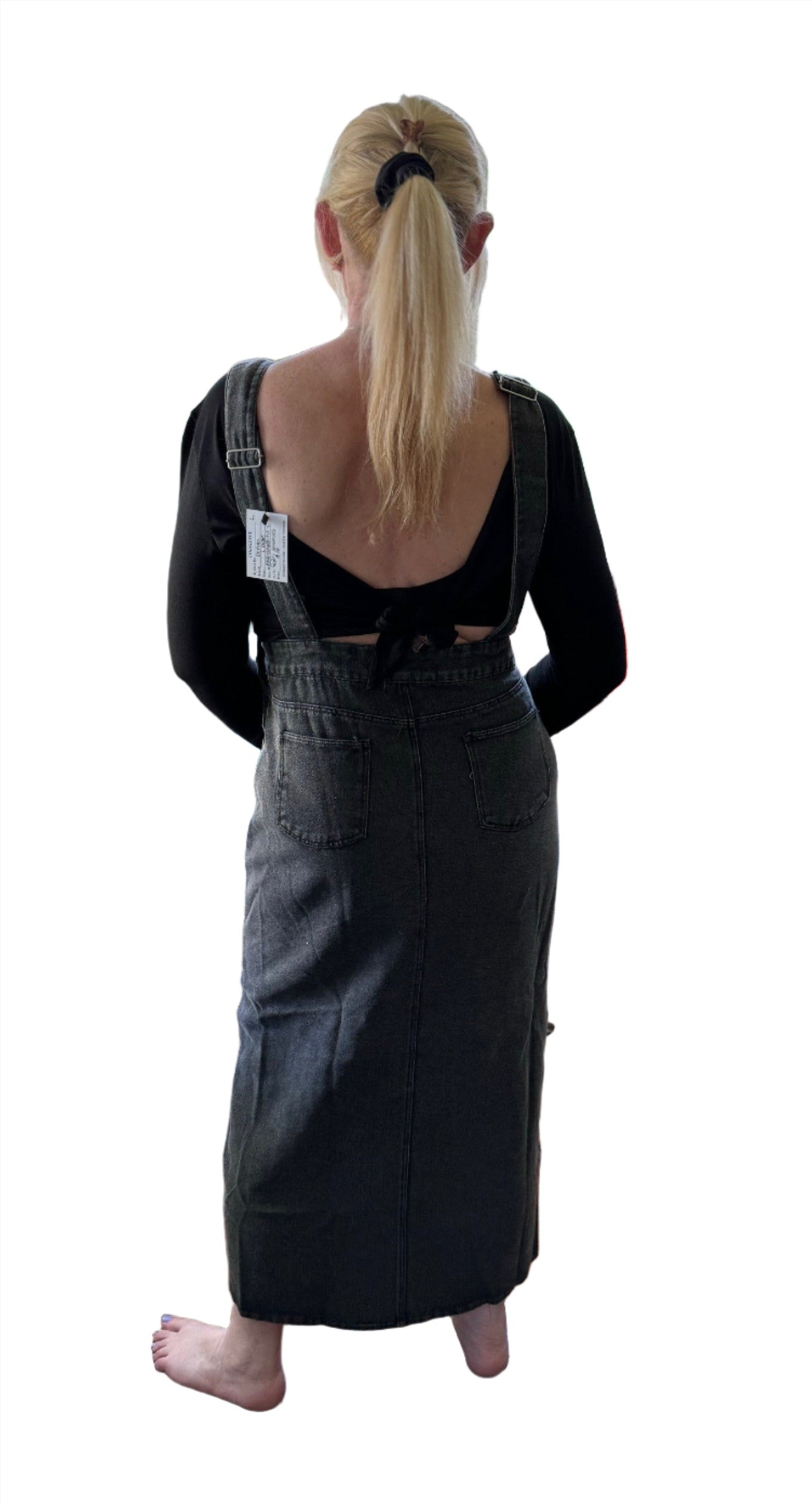 Winnie Skirtall Overall Black Acid Wash Denim Dress with Straight Adjustable Straps and Front Slit