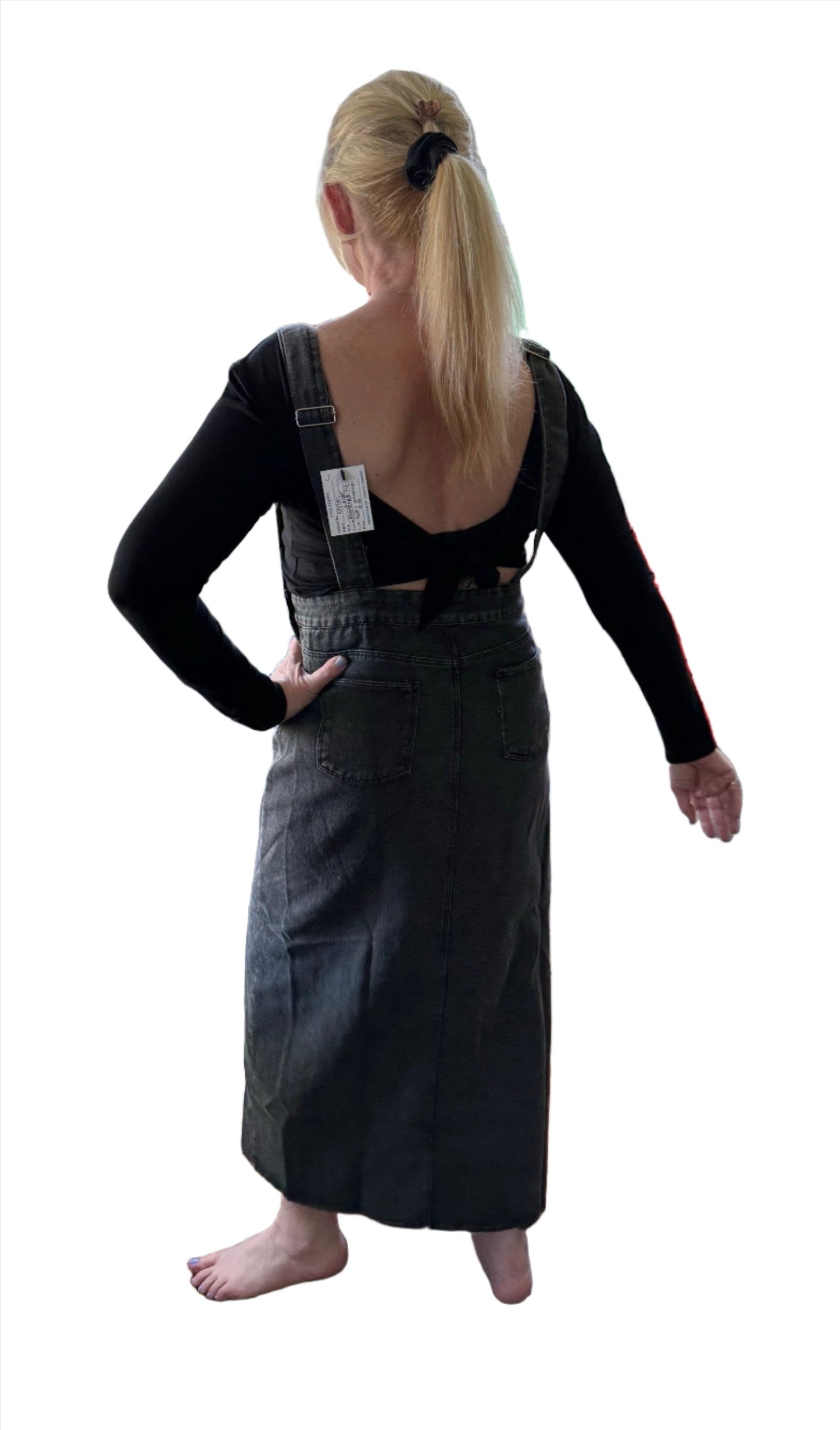Winnie Skirtall Overall Black Acid Wash Denim Dress with Straight Adjustable Straps and Front Slit