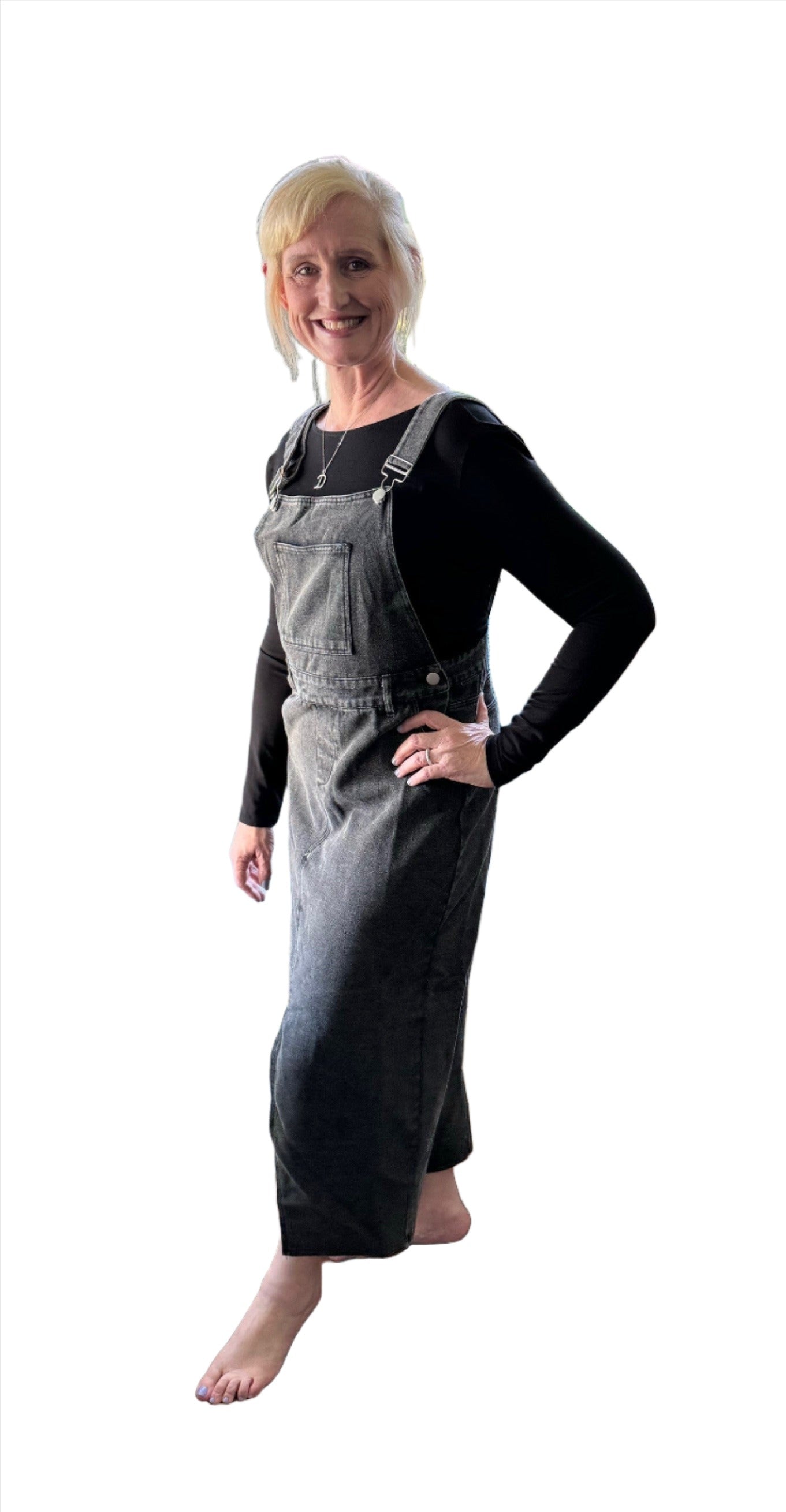 Winnie Skirtall Overall Black Acid Wash Denim Dress with Straight Adjustable Straps and Front Slit