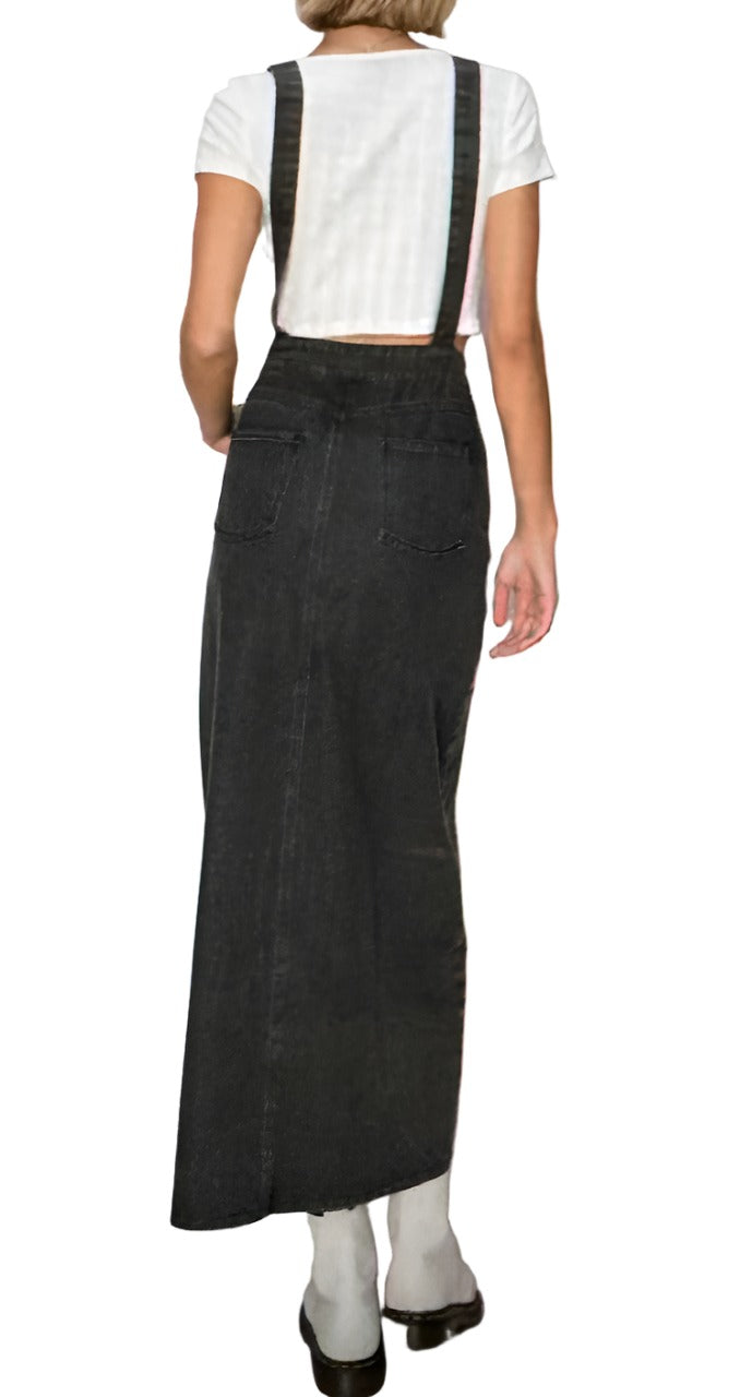 Winnie Skirtall Overall Black Acid Wash Denim Dress with Straight Adjustable Straps and Front Slit
