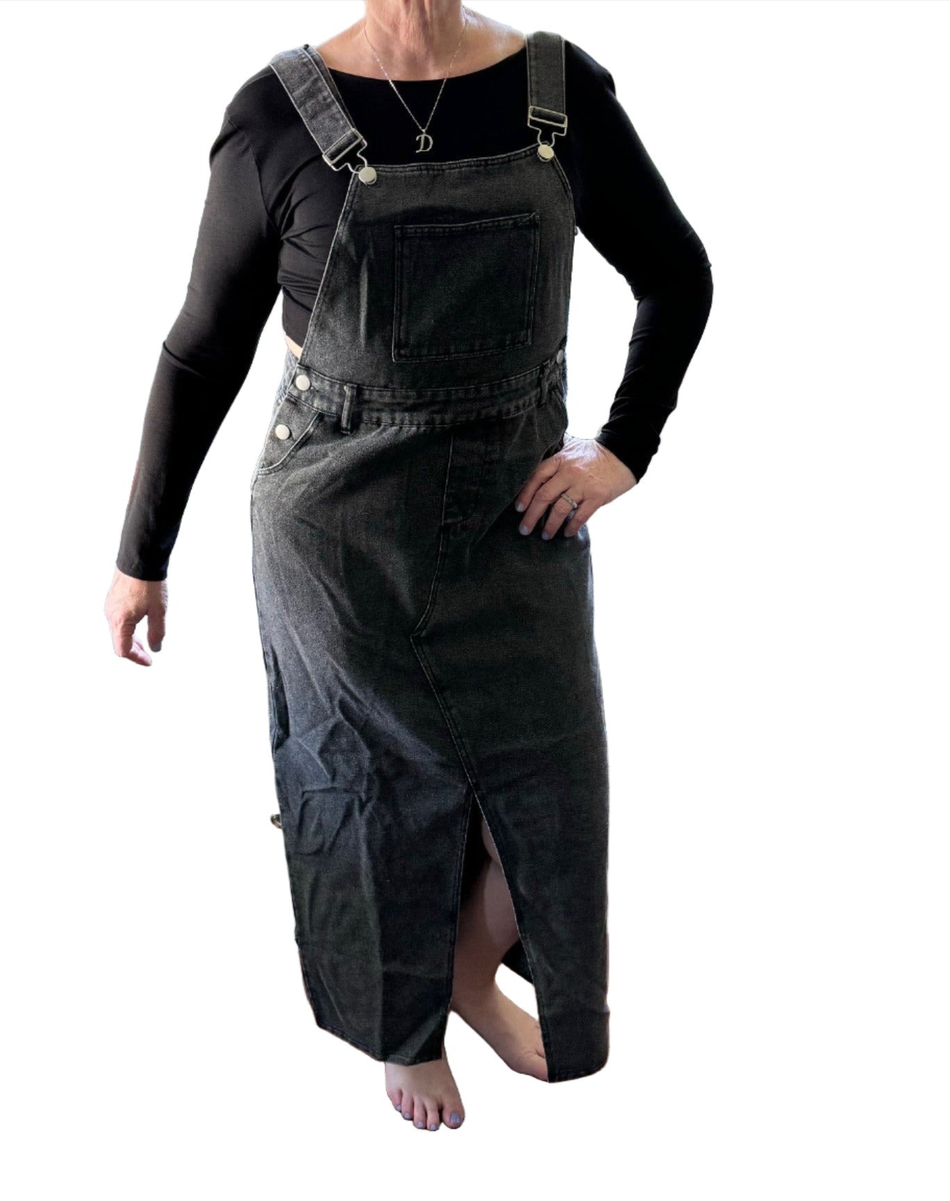 Winnie Skirtall Overall Black Acid Wash Denim Dress with Straight Adjustable Straps and Front Slit
