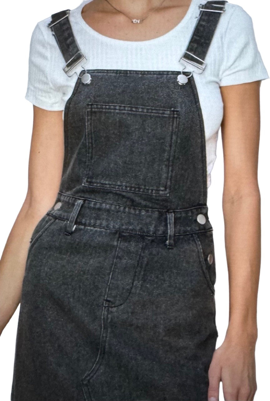 Winnie Skirtall Overall Black Acid Wash Denim Dress with Straight Adjustable Straps and Front Slit