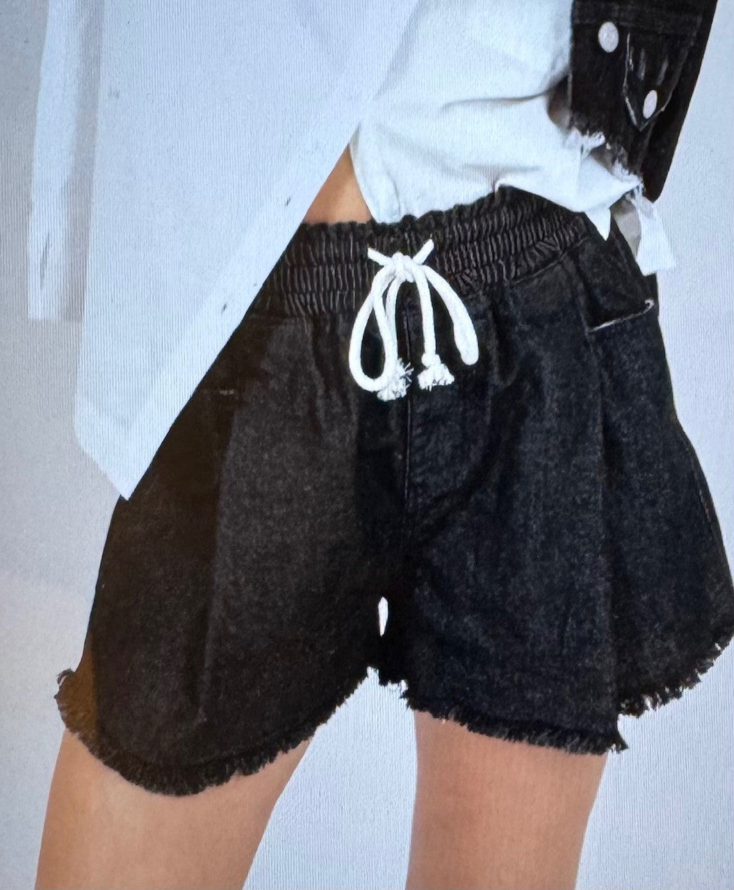 On the Go Denim High Waisted Flared Drawstring Shorts with Raw Hem in White or Black