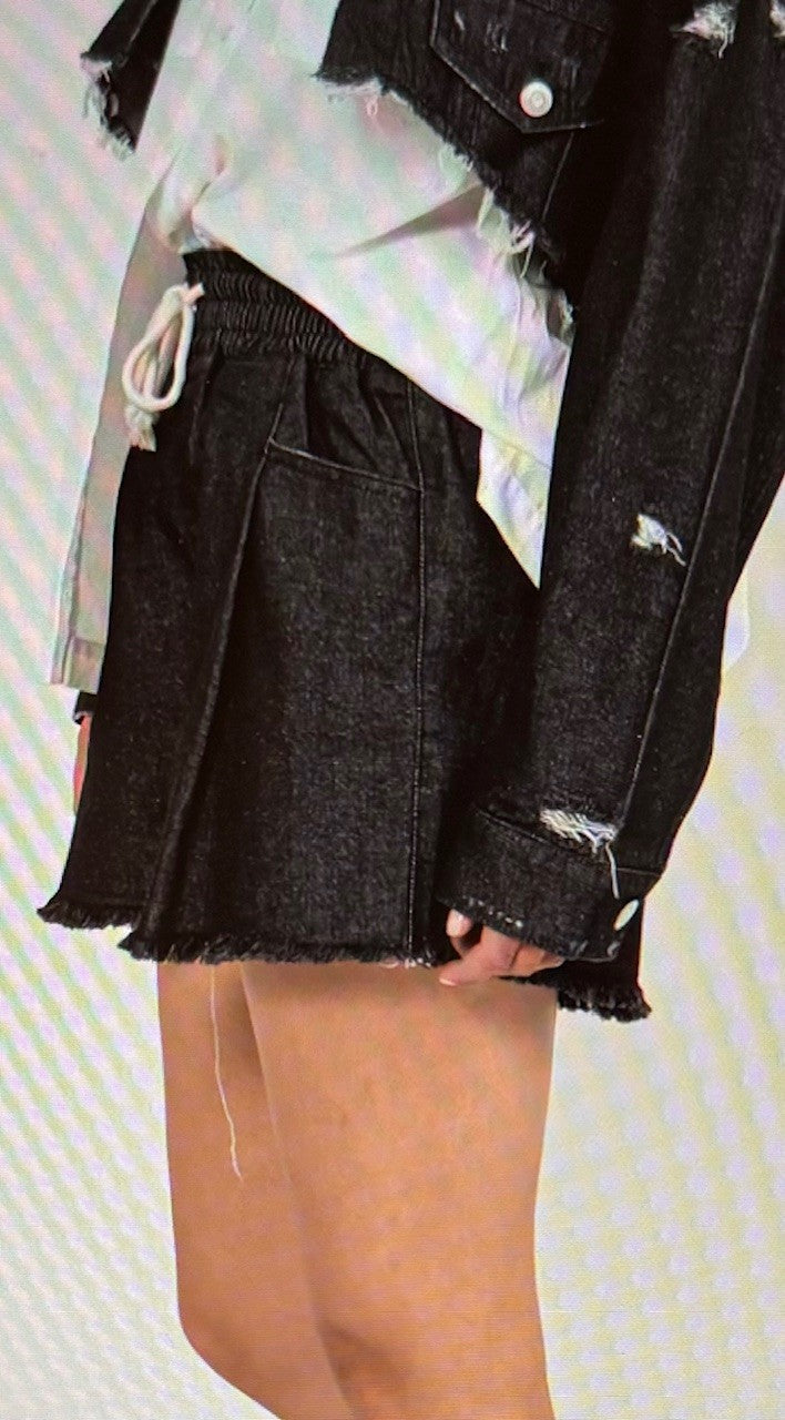 On the Go Denim High Waisted Flared Drawstring Shorts with Raw Hem in White or Black