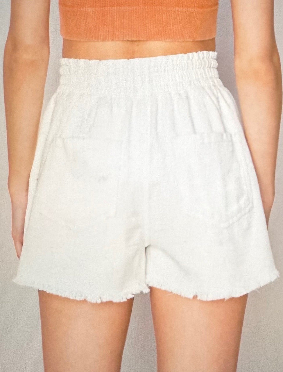On the Go Denim High Waisted Flared Drawstring Shorts with Raw Hem in White or Black