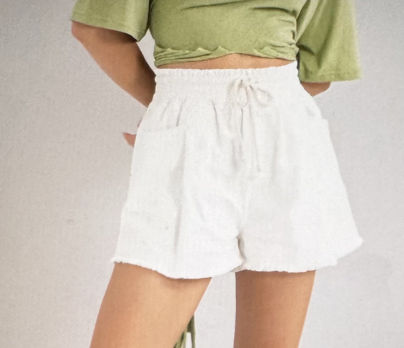 On the Go Denim High Waisted Flared Drawstring Shorts with Raw Hem in White or Black