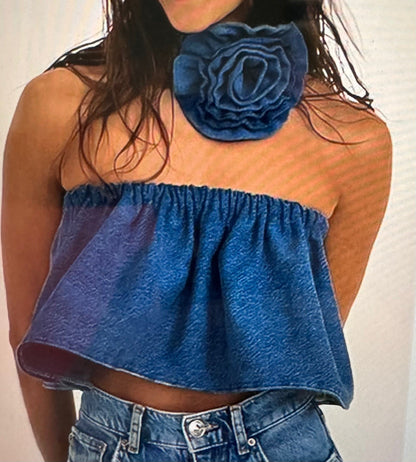 The Rose Denim Tube Top with Rose Denim Choker ~ Flared, Elastic and Strapless Tube Top