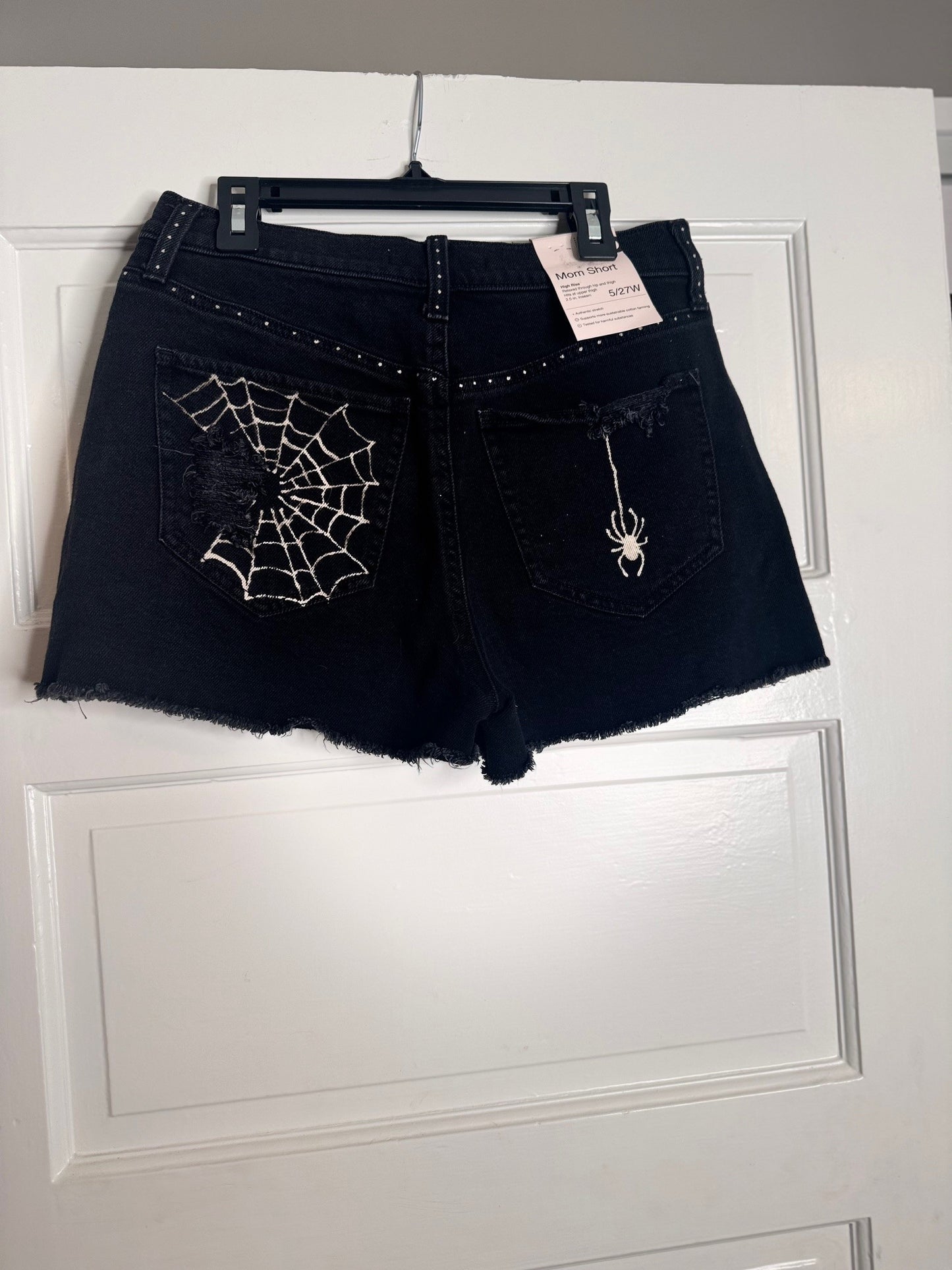 Spider  and Web Hand Bleached Halloween Shorts -  SO Black MOM Shorts Size 5/27W Distressed with Raw Hem