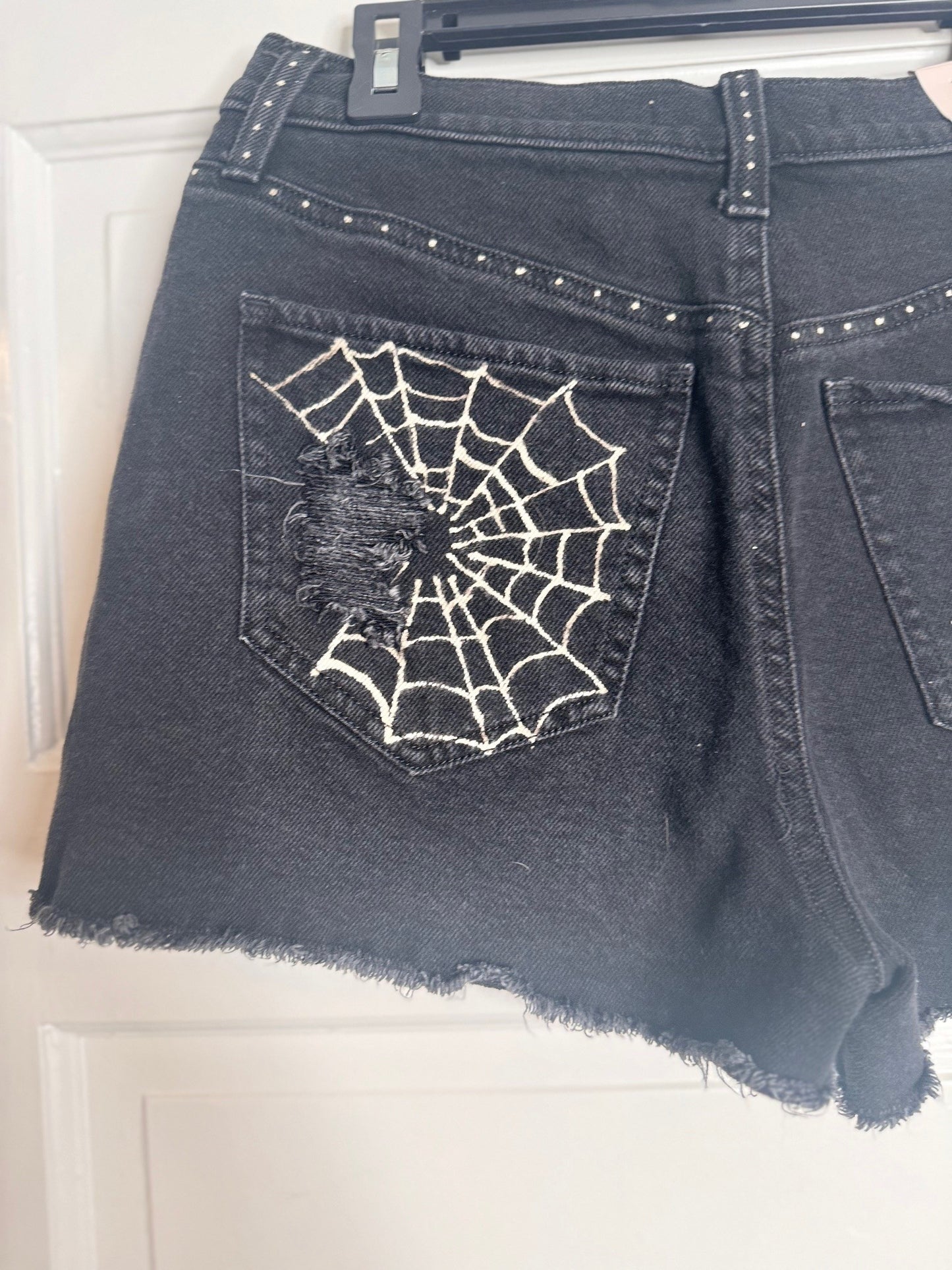 Spider  and Web Hand Bleached Halloween Shorts -  SO Black MOM Shorts Size 5/27W Distressed with Raw Hem
