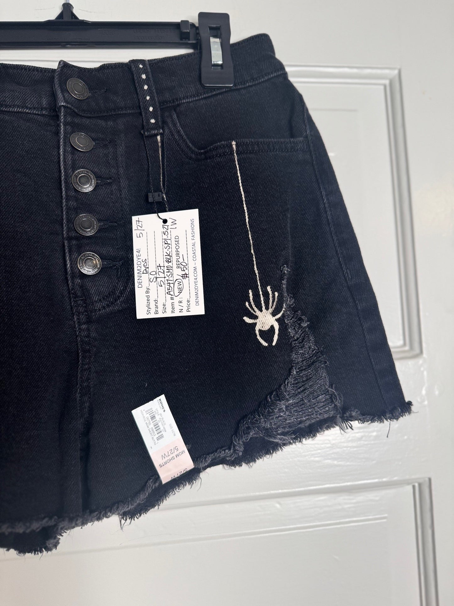 Spider  and Web Hand Bleached Halloween Shorts -  SO Black MOM Shorts Size 5/27W Distressed with Raw Hem