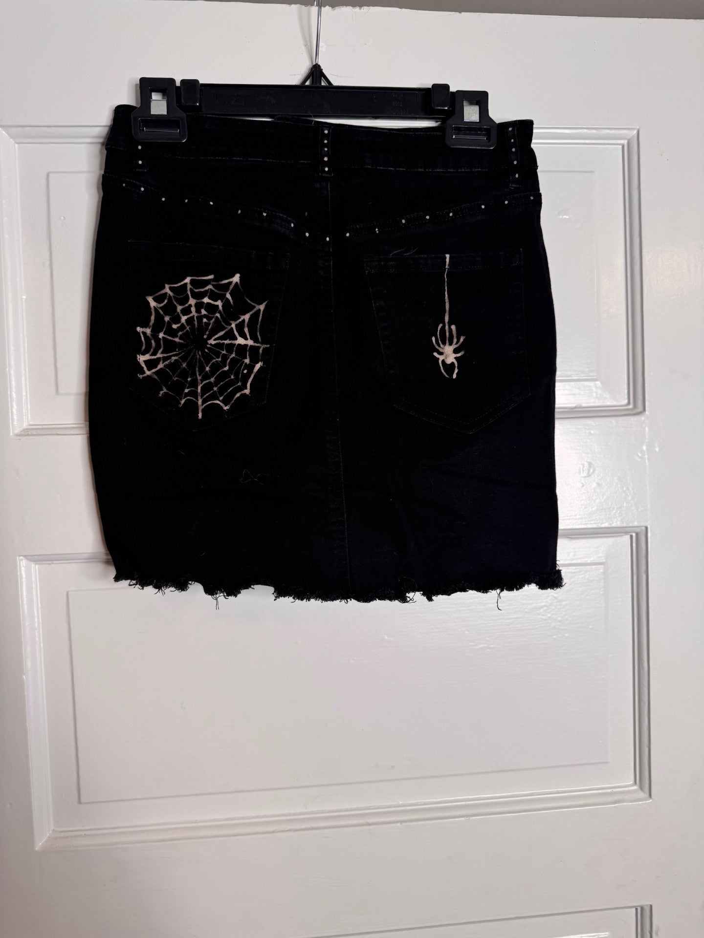 Spider and Web Halloween Hand Bleached Mini Skirt- Repurposed Garage Raw Hem Zip Button Closure Size Petite Small