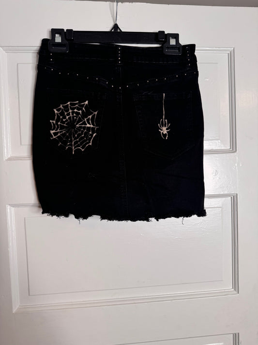 Spider and Web Halloween Hand Bleached Mini Skirt- Repurposed Garage Raw Hem Zip Button Closure Size Petite Small