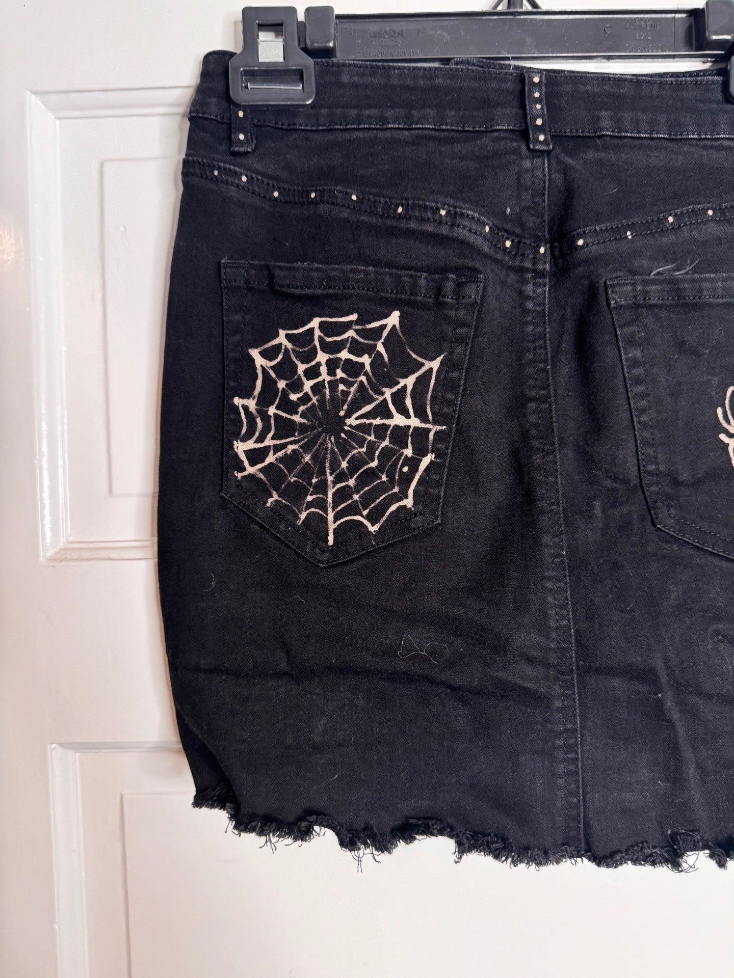 Spider and Web Halloween Hand Bleached Mini Skirt- Repurposed Garage Raw Hem Zip Button Closure Size Petite Small