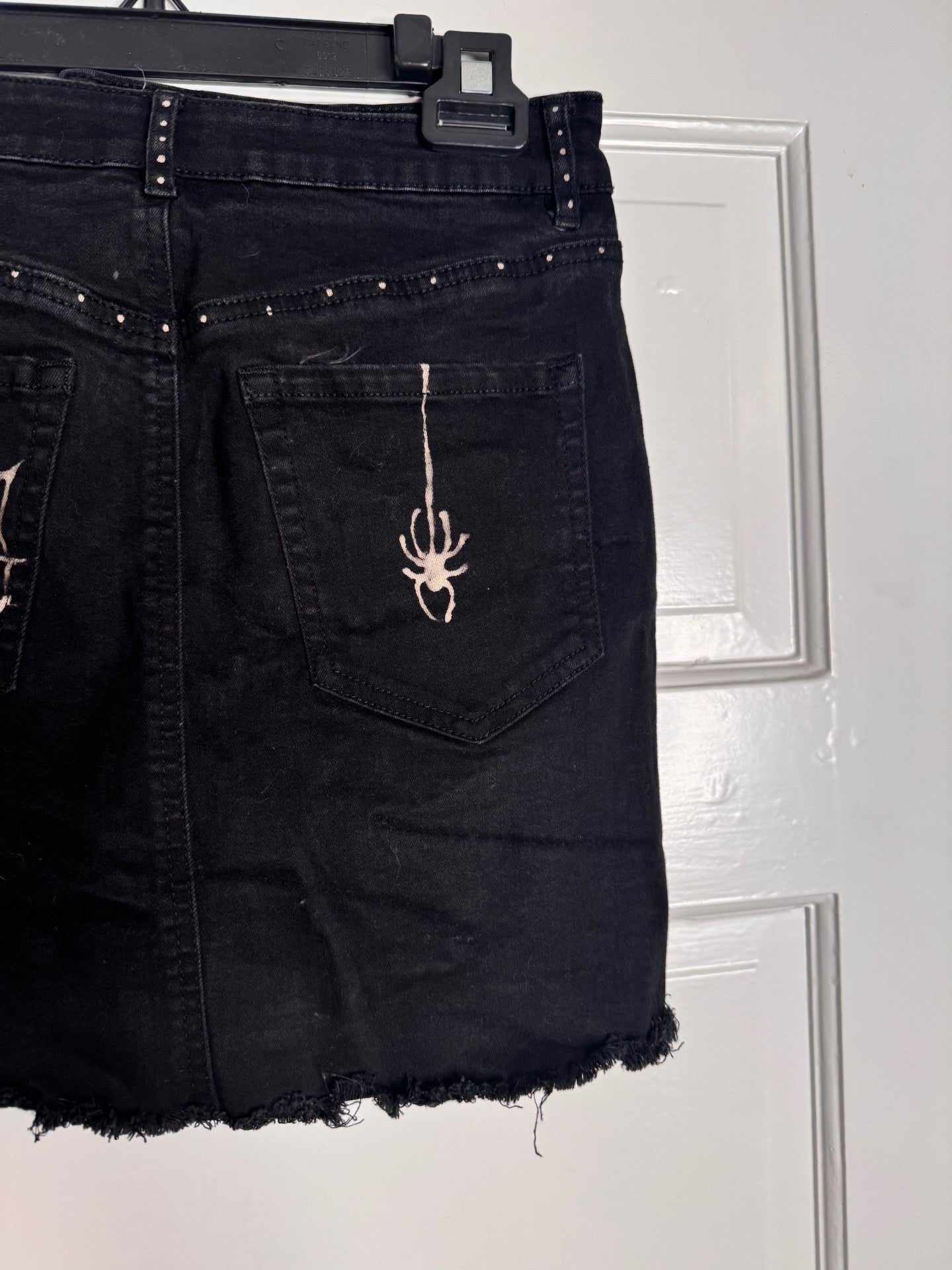 Spider and Web Halloween Hand Bleached Mini Skirt- Repurposed Garage Raw Hem Zip Button Closure Size Petite Small