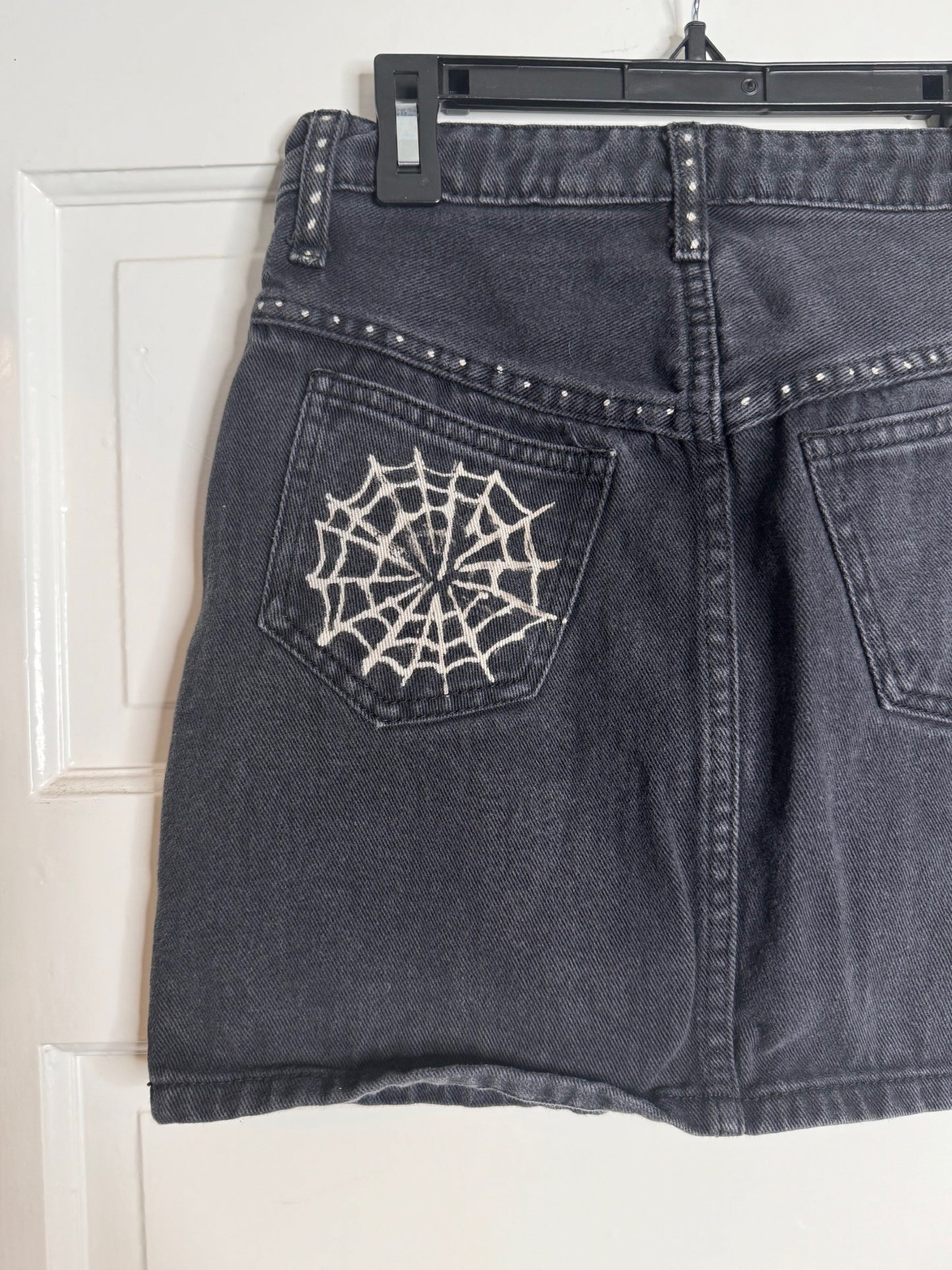 Spider and Web Halloween Hand Bleached Mini Skirt- Repurposed J Galt Half Button Front Closure Size Small Black