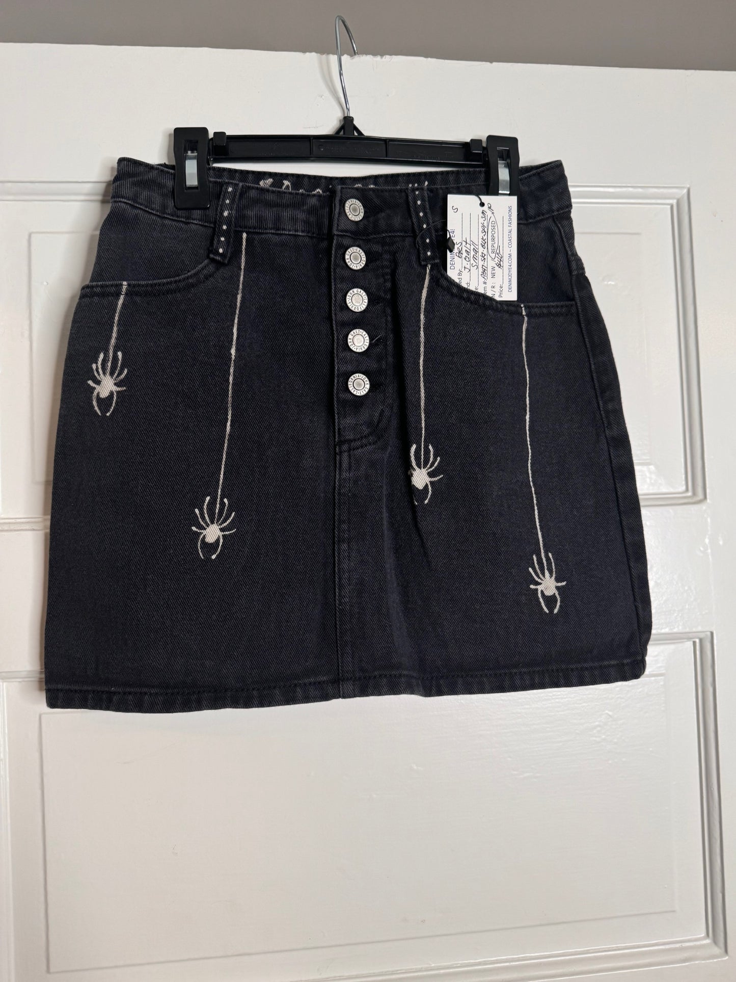 Spider and Web Halloween Hand Bleached Mini Skirt- Repurposed J Galt Half Button Front Closure Size Small Black