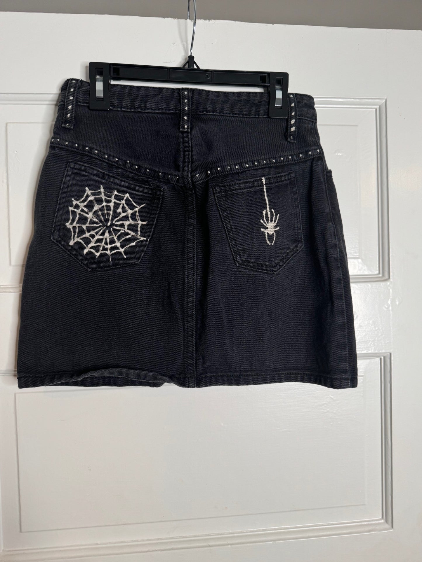 Spider and Web Halloween Hand Bleached Mini Skirt- Repurposed J Galt Half Button Front Closure Size Small Black