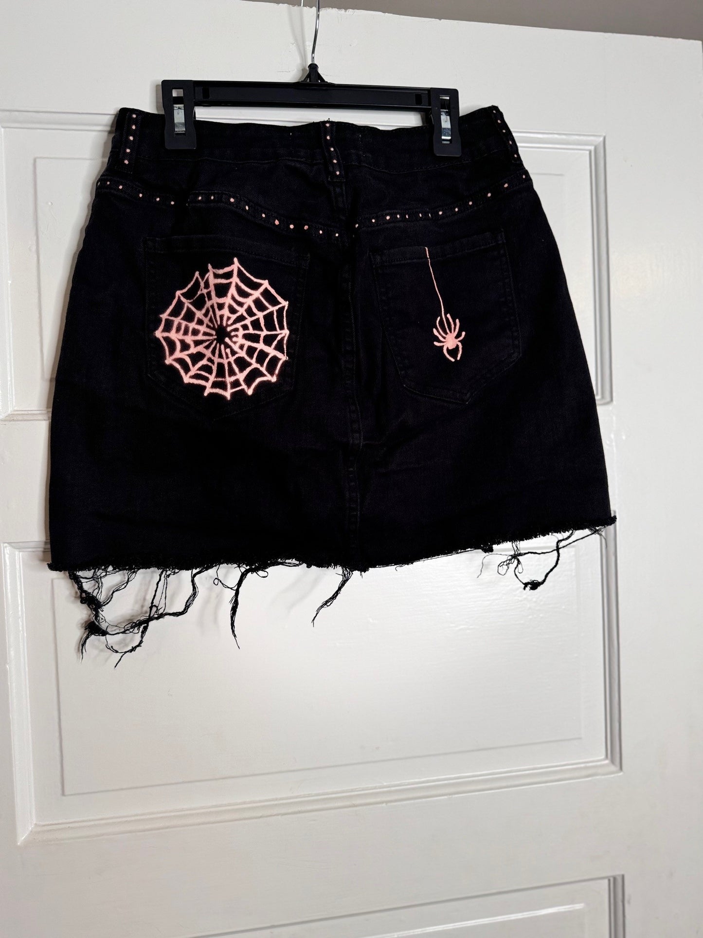 Spider and Web Halloween Hand Bleached Mini Skirt- Repurposed PacSun Raw Hem Full Front Button Closure Size 1 Black with Red/Orange Hue Bleach