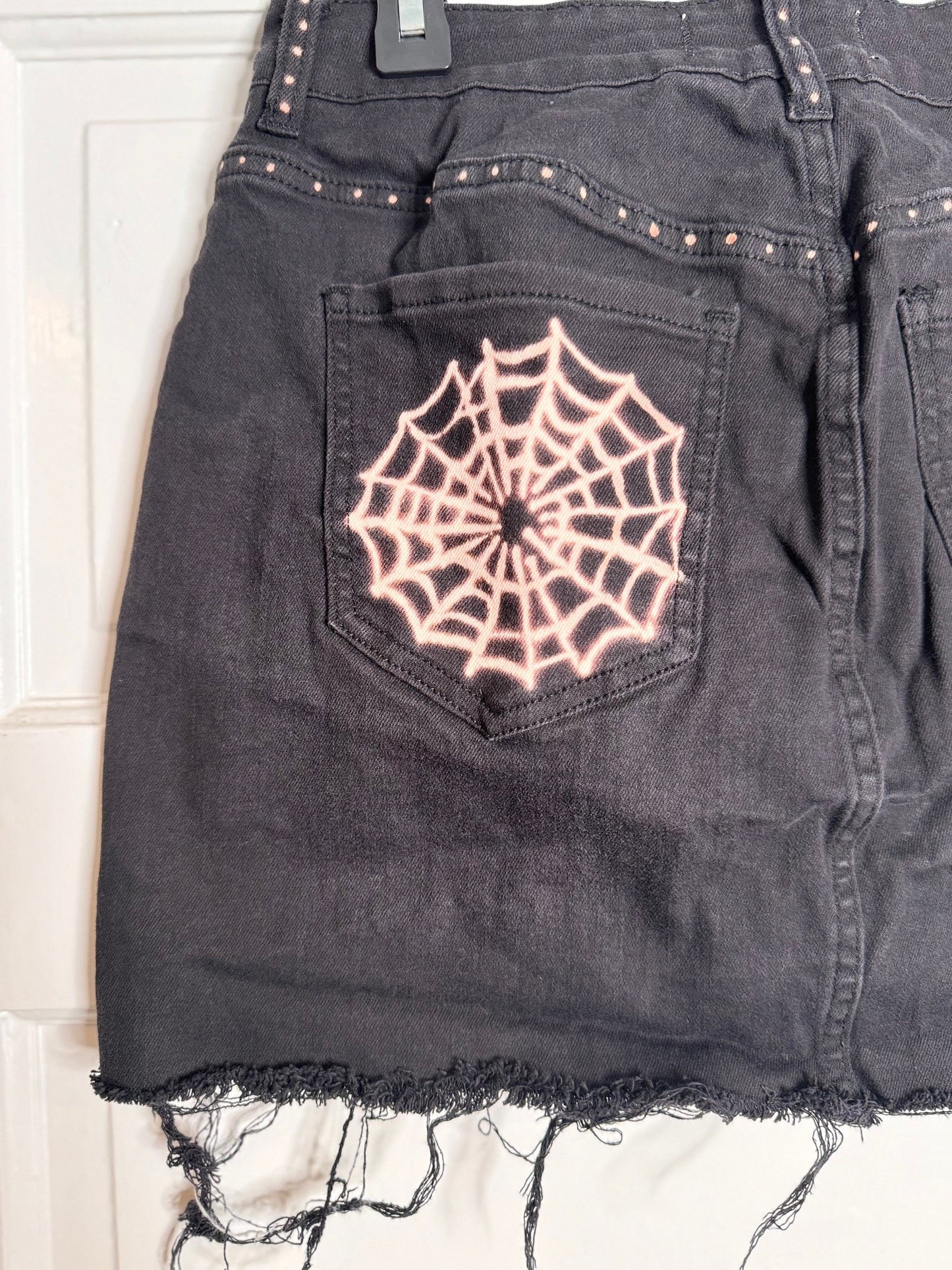 Spider and Web Halloween Hand Bleached Mini Skirt- Repurposed PacSun Raw Hem Full Front Button Closure Size 1 Black with Red/Orange Hue Bleach