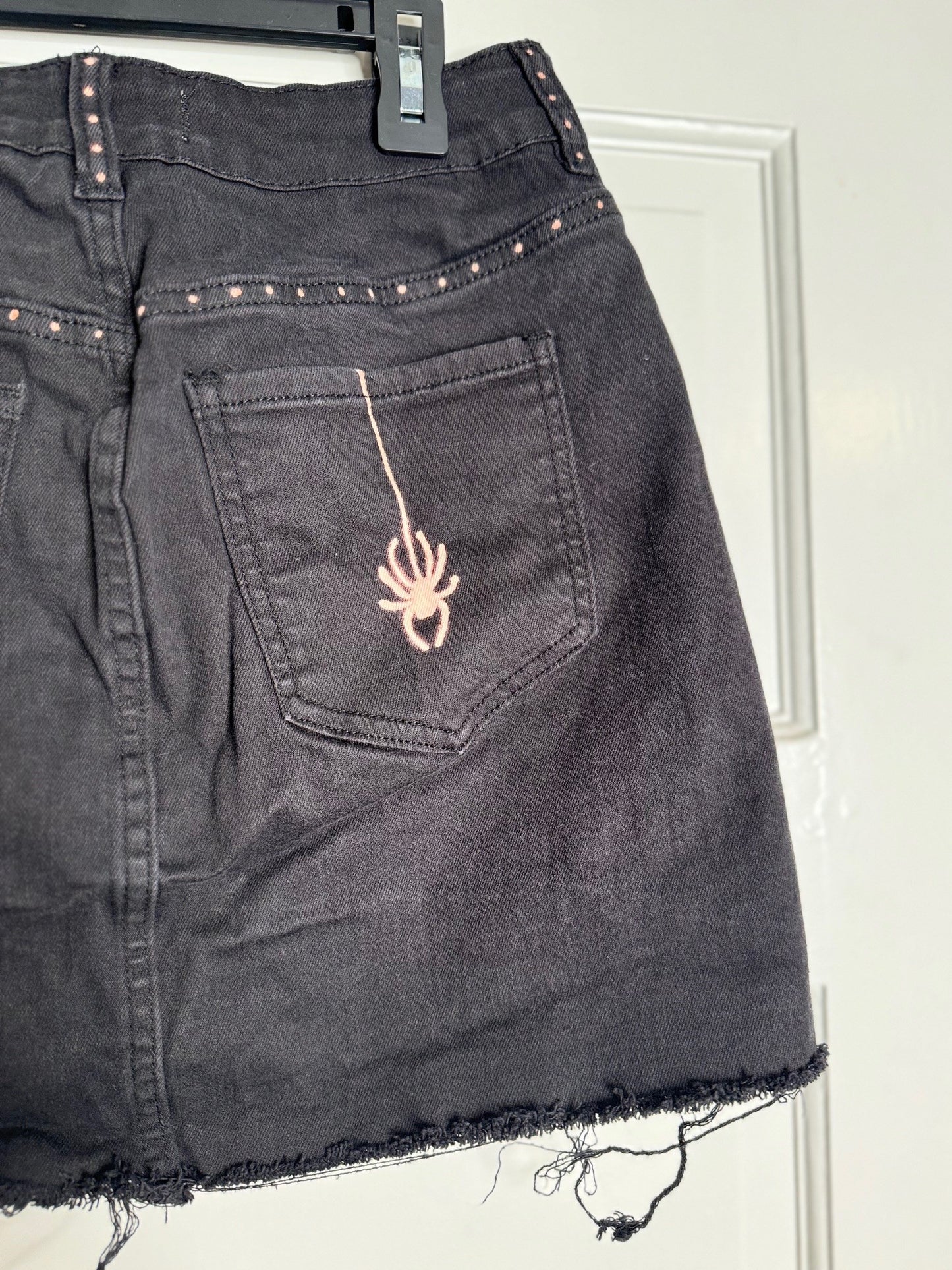 Spider and Web Halloween Hand Bleached Mini Skirt- Repurposed PacSun Raw Hem Full Front Button Closure Size 1 Black with Red/Orange Hue Bleach