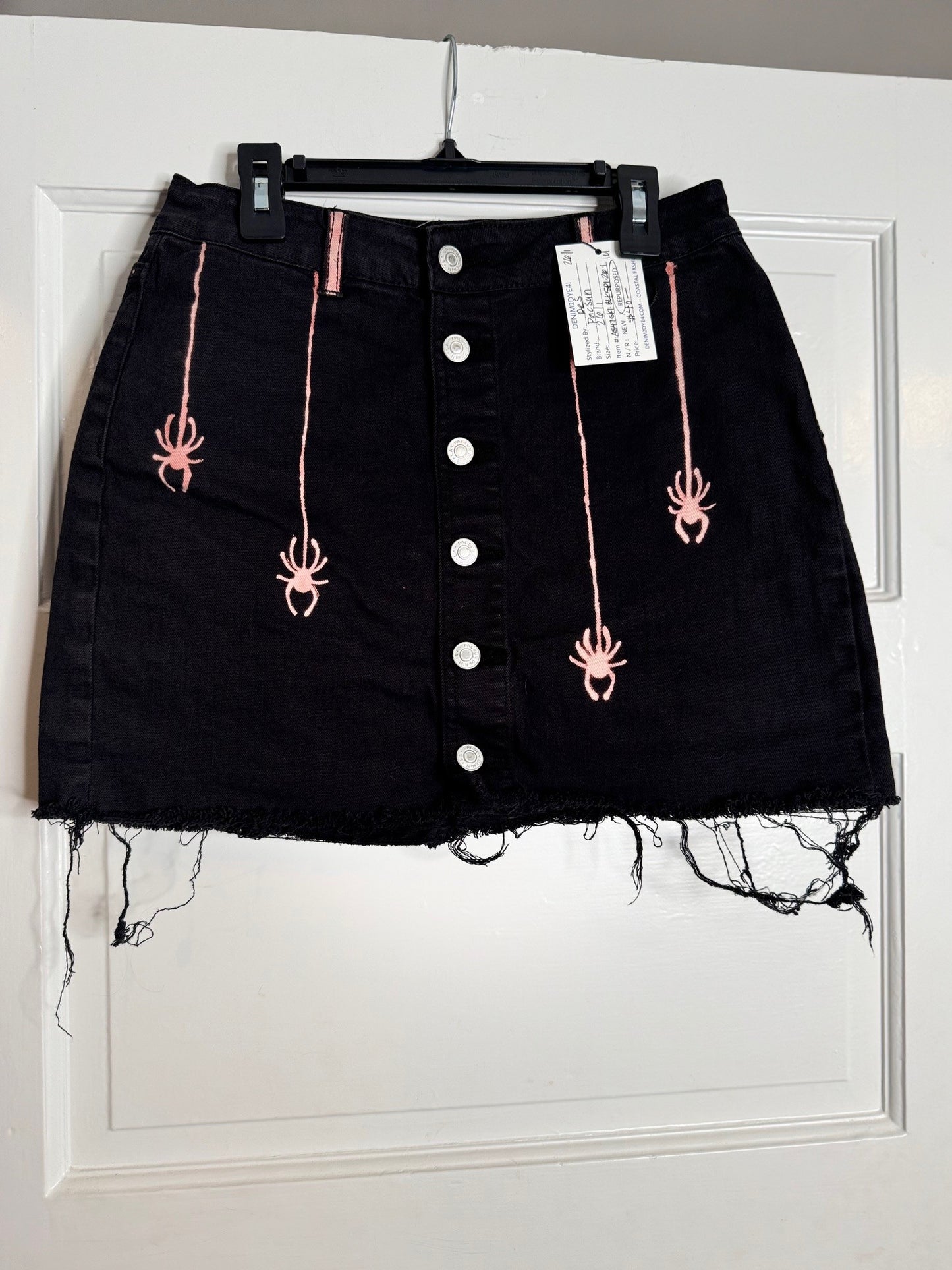 Spider and Web Halloween Hand Bleached Mini Skirt- Repurposed PacSun Raw Hem Full Front Button Closure Size 1 Black with Red/Orange Hue Bleach