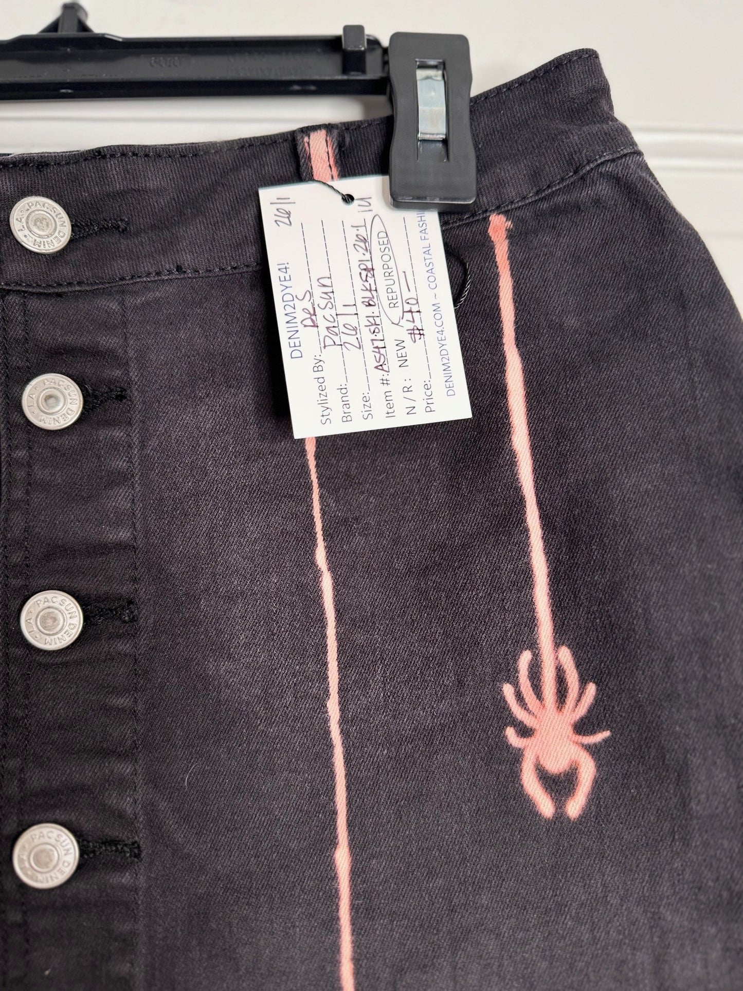 Spider and Web Halloween Hand Bleached Mini Skirt- Repurposed PacSun Raw Hem Full Front Button Closure Size 1 Black with Red/Orange Hue Bleach