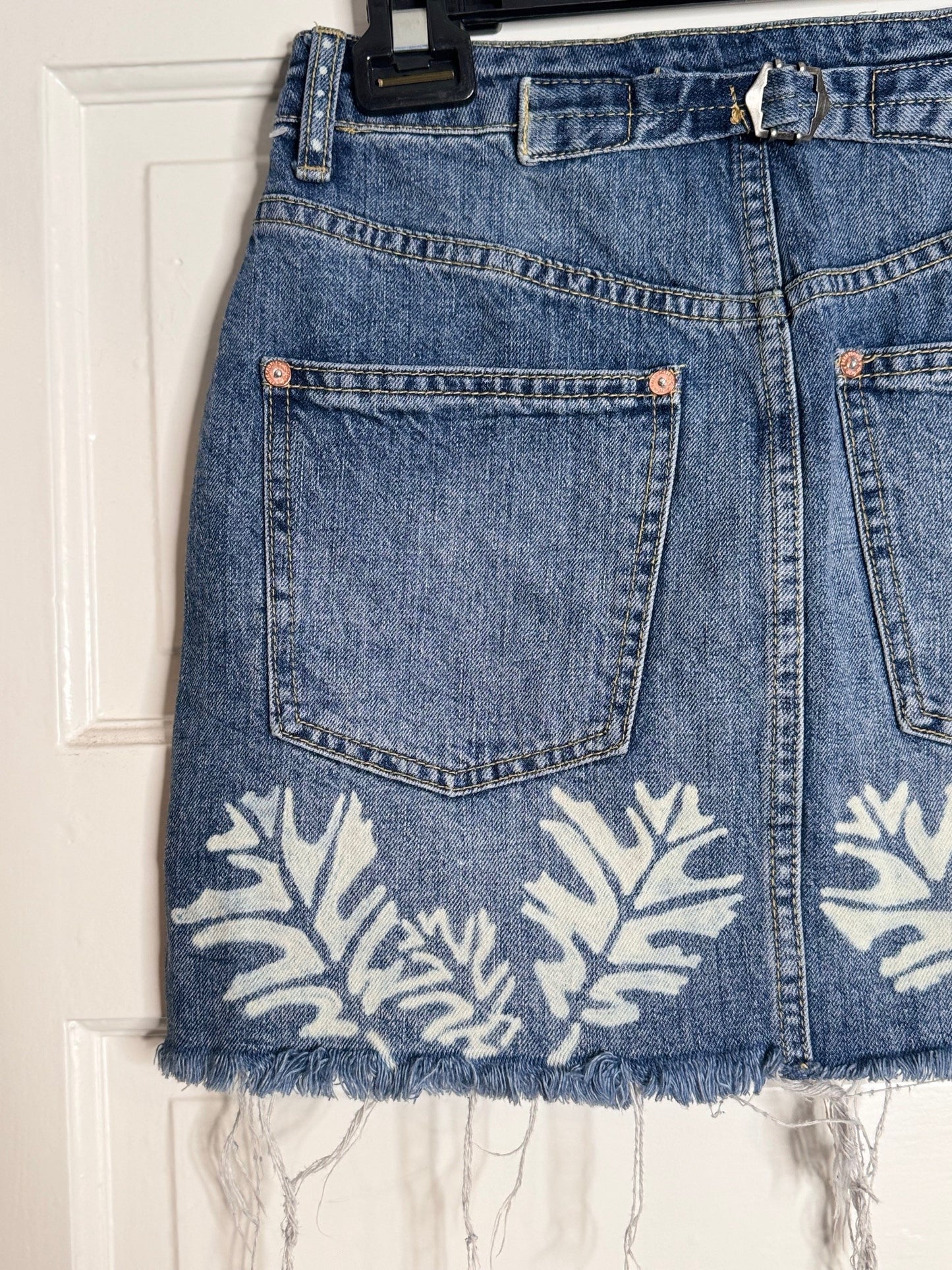 Fall Leaf Spray and Halloween Hand Bleached Button Front We the Free Light Blue Denim Mini Skirt Size 0 / 25 Women Bottom Cozy Comfort