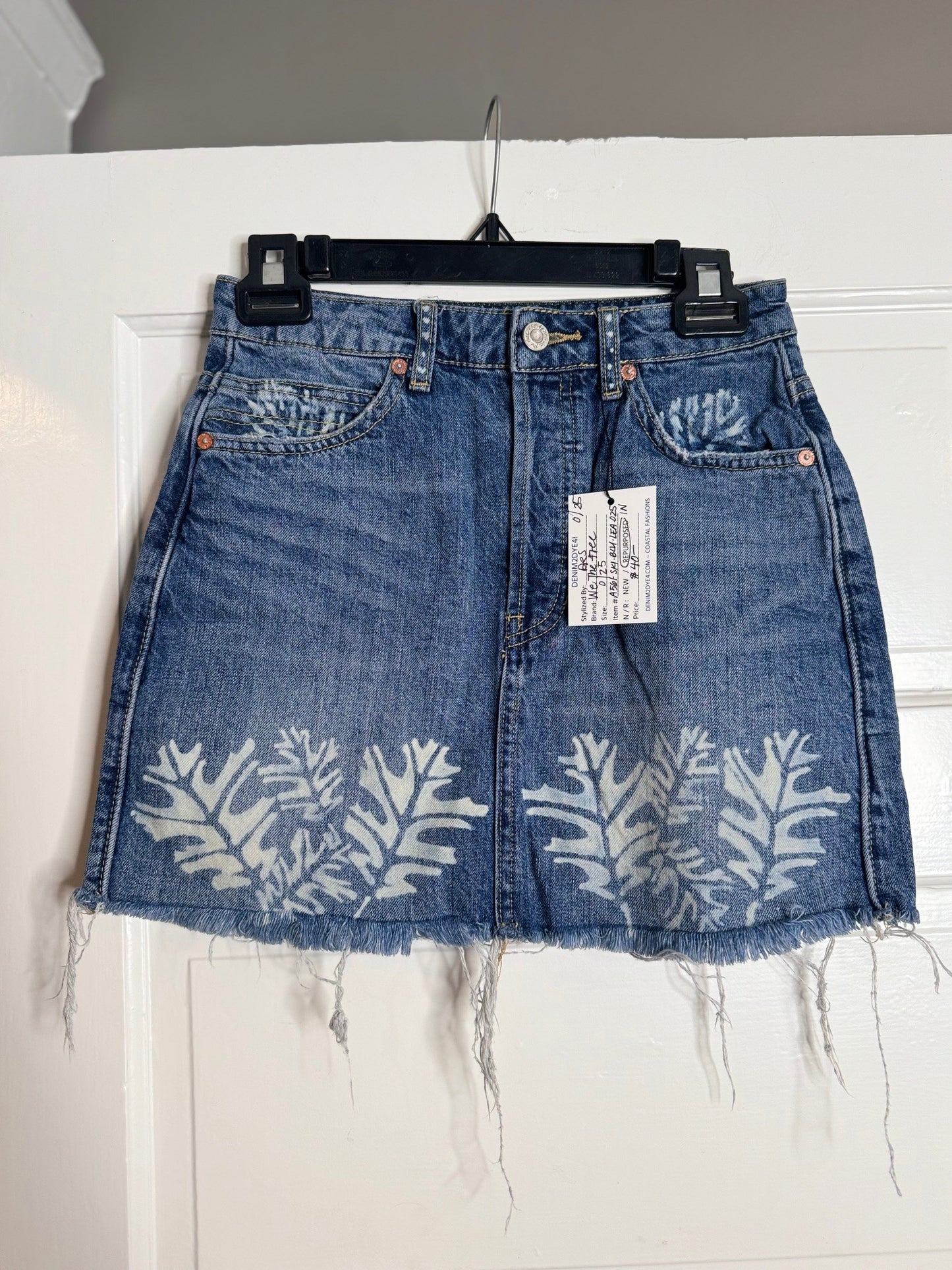 Fall Leaf Spray and Halloween Hand Bleached Button Front We the Free Light Blue Denim Mini Skirt Size 0 / 25 Women Bottom Cozy Comfort
