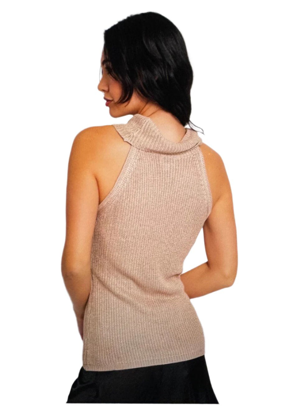 copper-taupe-knit-halter-top-goldie cowl neck metallic flects woven women