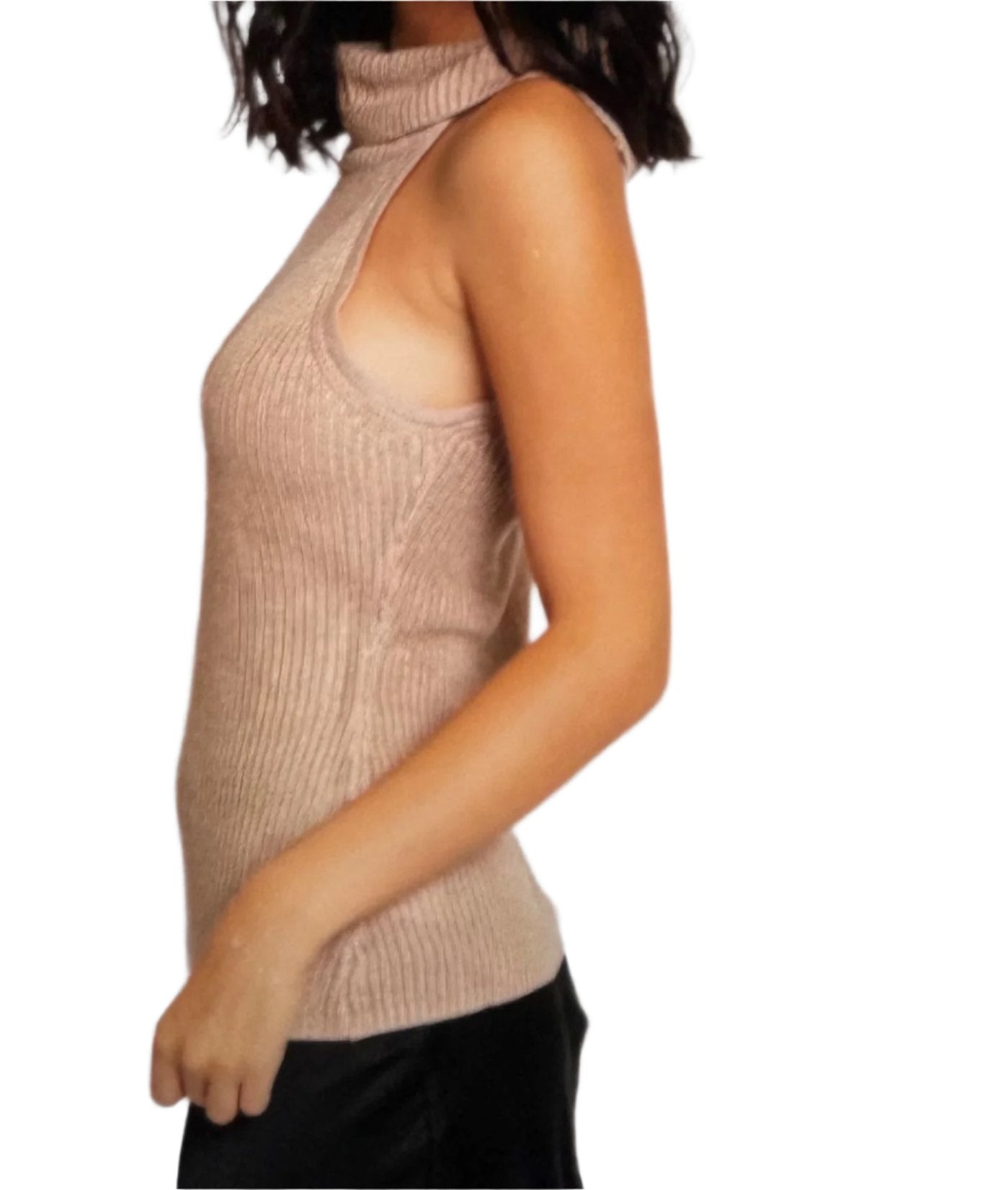 copper-taupe-knit-halter-top-goldie cowl neck metallic flecks woven women side